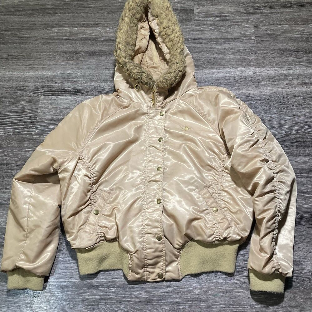 Vintage Southpole Hooded Puffer Bomber Jacket Womens 2X Brown Fur Trim Tan Y2K
